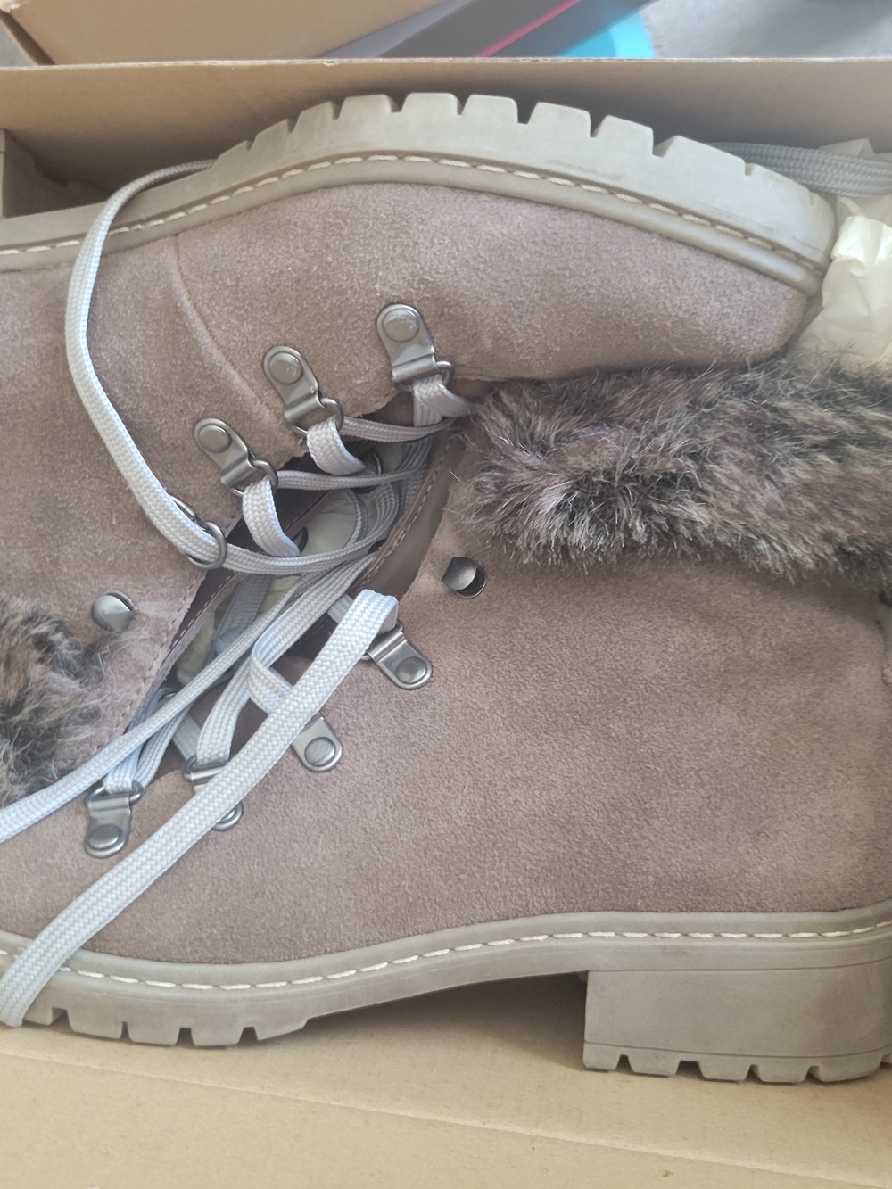 G.H. Bass & Co. Taupe Faux-Suede Lace-Up Fur Collar Boots